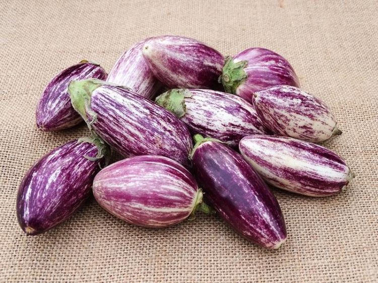 gestreepte aubergine op een ondergrond van jute